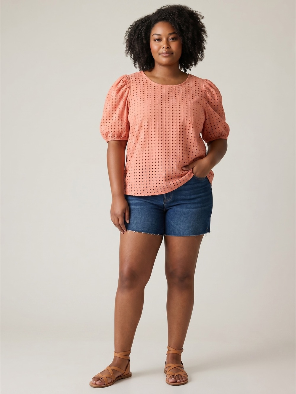 A New Day Eyelet Blouse XL‎ Coral Pink Puff Sleeve Cotton Lined Cottagecore Top